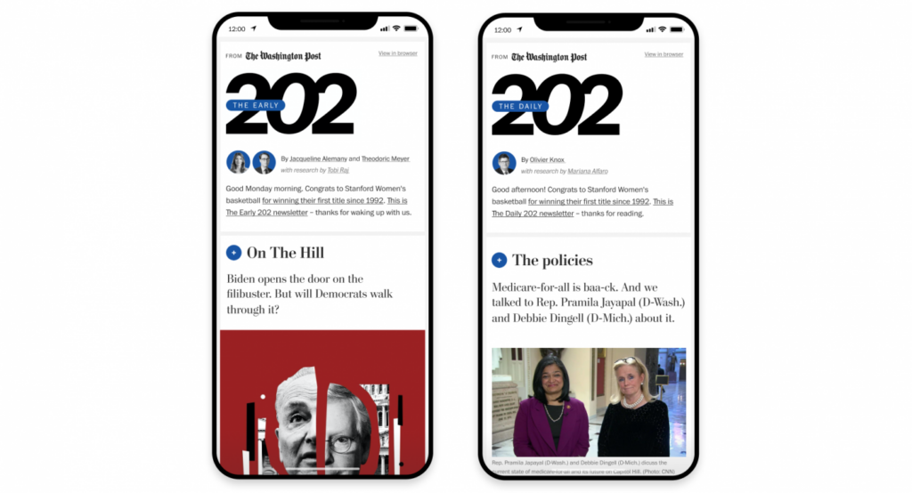 Screenshot of the Washington Post’s newsletter entitled The Early 202.relaunched late 2021 with added features. 