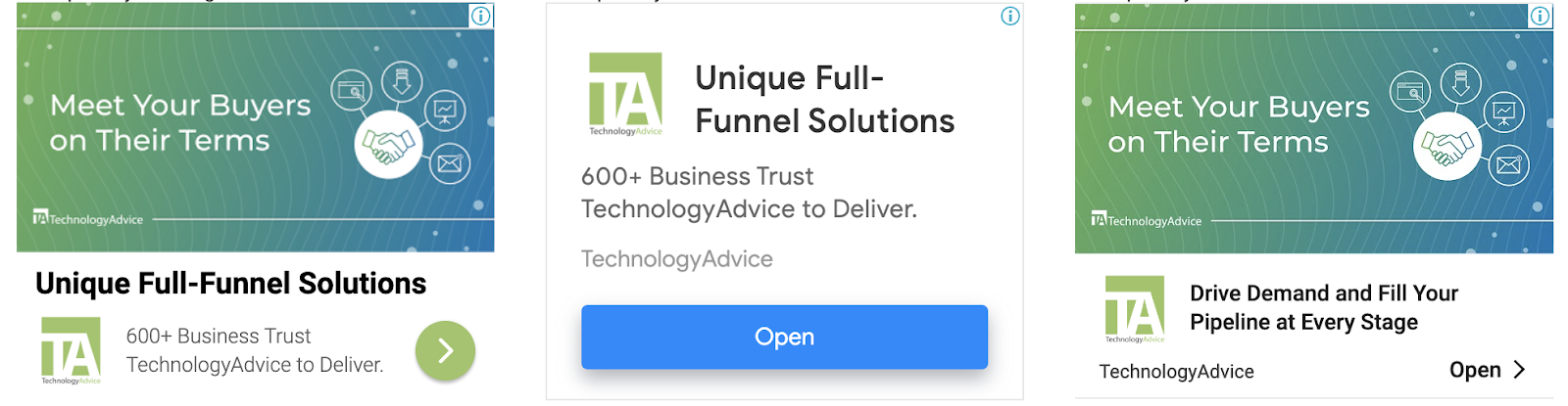 Three display ads for TechnologyAdvice side-by-side.