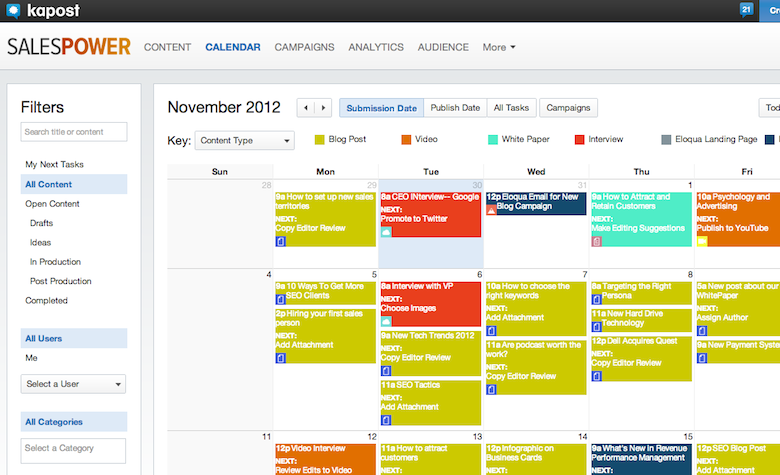 Example of a content calendar in Kapost. 